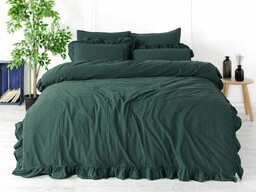 Limasso Pościel bawełniana 160x200 zielona ciemna z falbanką jednobarwna w pudełku jednobarwna Stonewashed Dark Green