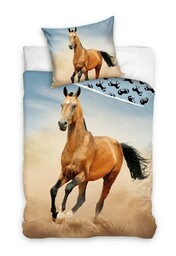 Carbotex Pościel bawełniana 140x200 Koń niebieska beżowa z jedną poszewką 70x90 C24