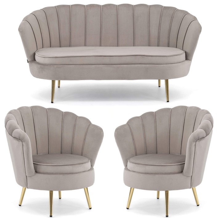 Sofa + 2 fotele muszelki ELIF Welur Ciemny beż #7 Nogi złote