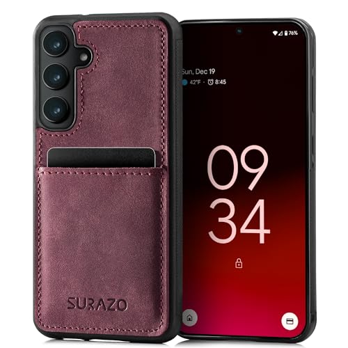 SURAZO Etui na telefon komórkowy Samsung Galaxy S24 z prawdziwej skóry premium – odporne na uderzenia skórzane etui na telefon komórkowy z przegródką na karty, breloczkiem do kluczy; etui typu bumper,