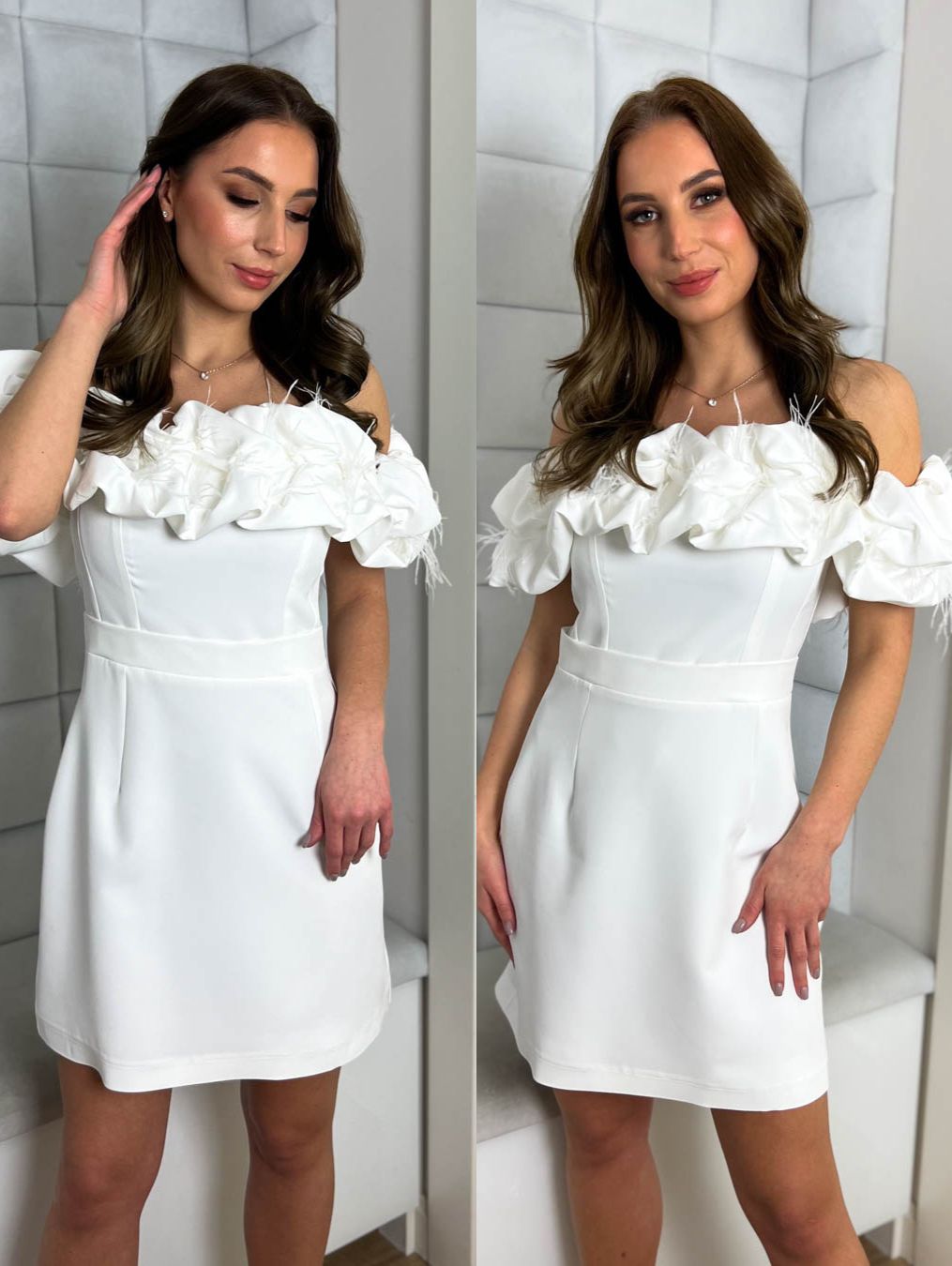 Sukienka Glow biała elegancka mini gorsetowa z piórami - PERFE
