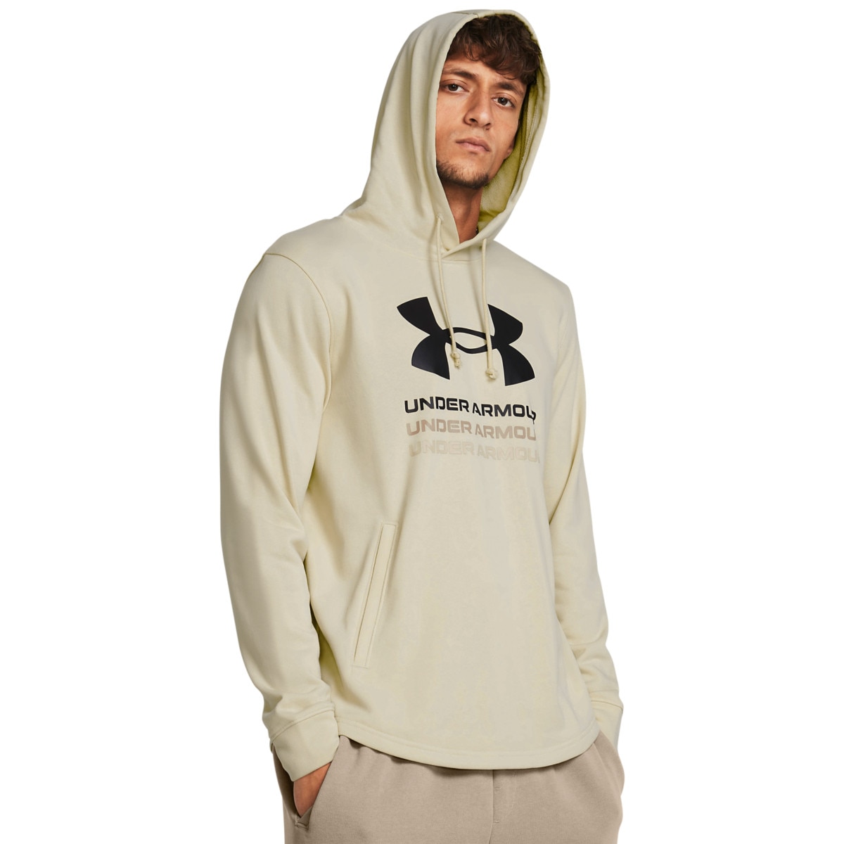 Męska bluza dresowa nierozpinana z kapturem Under Armour UA Rival Terry Graphic Hood - beżowa - UNDER ARMOUR