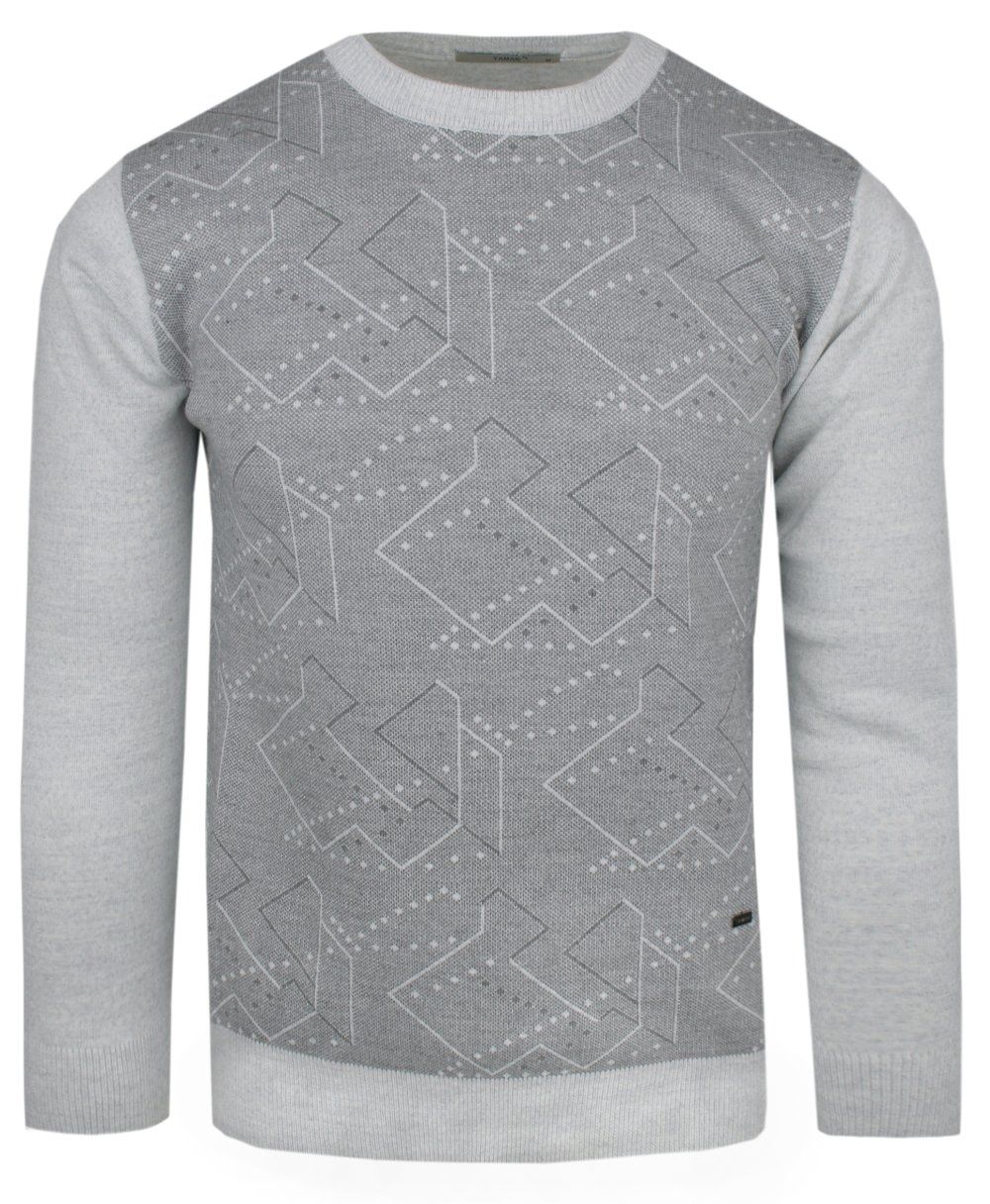 Sweter Męski - YAMAK - Popiel i Szarość, Geometryczny Wzór, U-Neck - Yamak