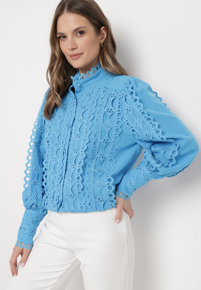 Niebieska Koszula Ażurowa ze Stójką Arnot