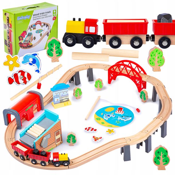 Drewniana Kolejka Kinderplay Tor Pociąg Wagony Most Tartak + Łowienie Rybek