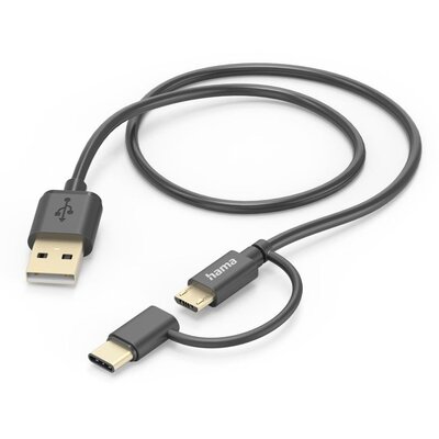 Kabel do telefonu z adapterem 2x1 USB-C Micro USB USB-A długość 1 m czarny
