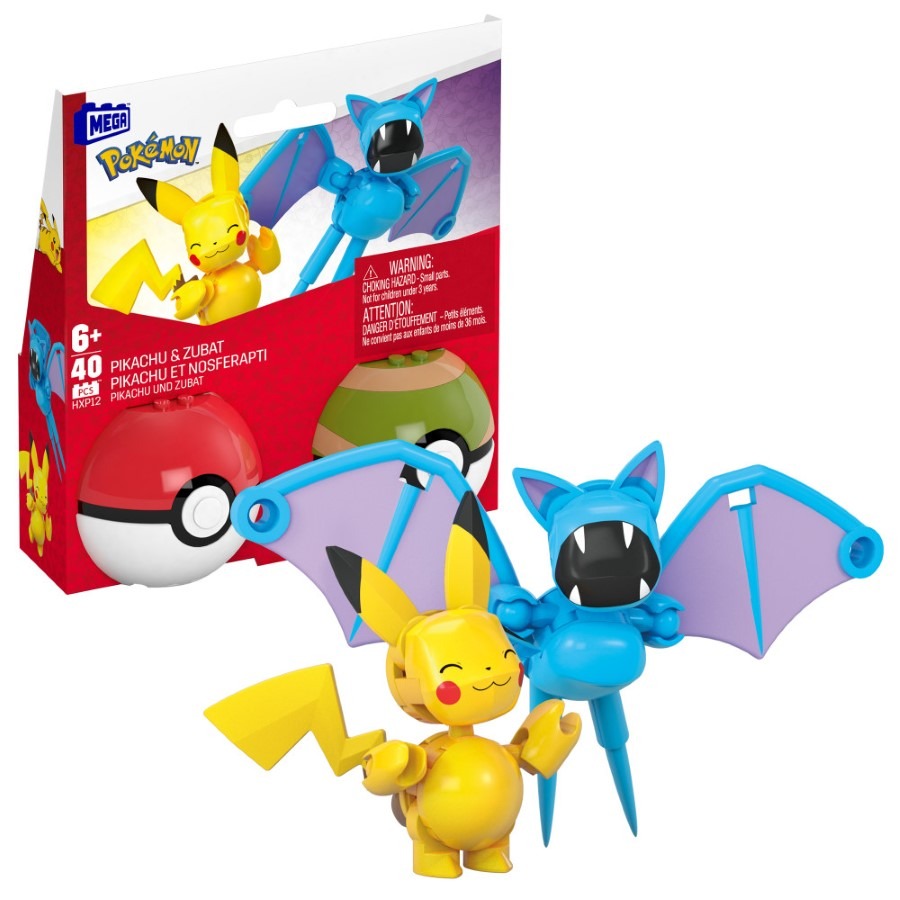 MEGA Pokemon, Pokeball Pikachu i Zubat, 2 figurki, klocki, 40 elementów