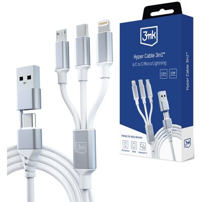 Kabel USB/USB Typ-C - USB Typ-C/Micro USB/Lightning 3MK Hyper Cable 3in1 1.5 m Biały