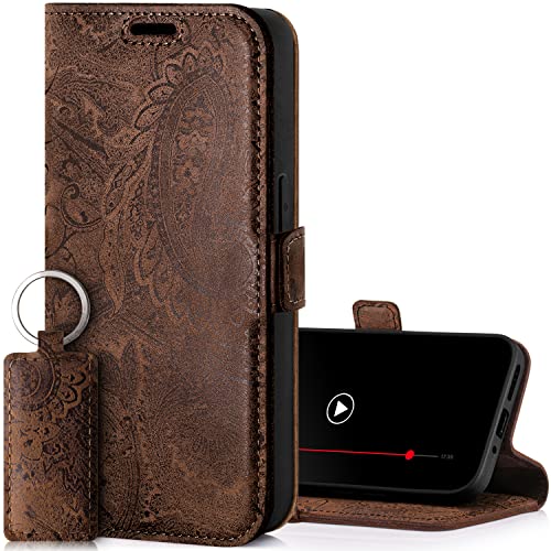 SURAZO Etui na telefon komórkowy Samsung Galaxy A25, cienkie, magnetyczne etui skórzane – składane etui ochronne z prawdziwej skóry [przegródka na karty, ochrona RFID, kwiatowy wzór] etui z klapką