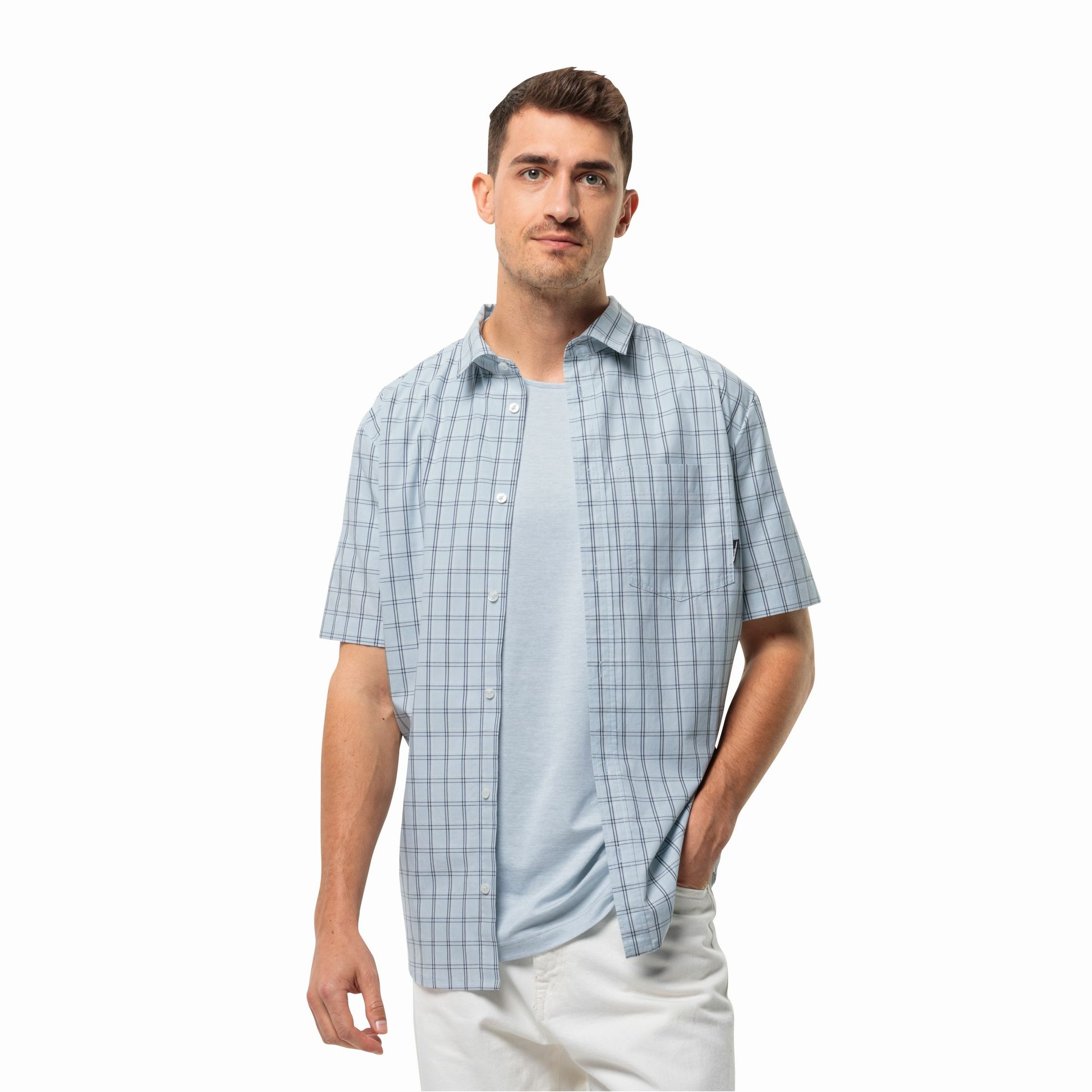 Męska koszula z krótkim rękawem Jack Wolfskin HOT SPRINGS SHIRT M soft blue check - XL