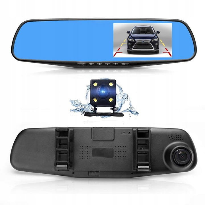 TECHONIC WIDEOREJESTRATOR KAMERA REJESTRATOR JAZDY 1080P W LUSTERKU W01 Z KAMERĄ COFANIA 0.2KG