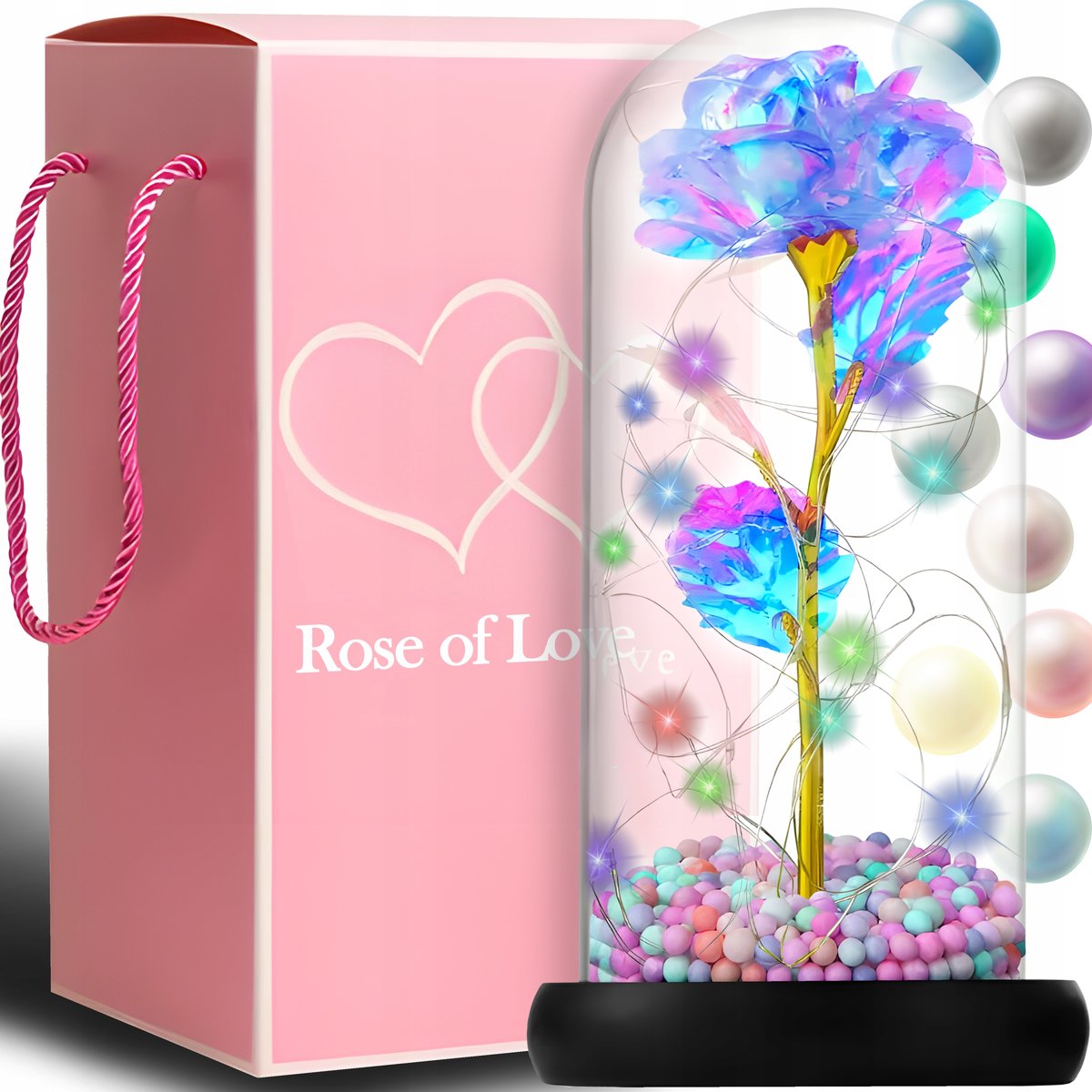 WIECZNA RÓŻA W SZKLE ŚWIECĄCA LED PUDEŁKO POMYSŁ NA PREZENT DZIEŃ KOBIET