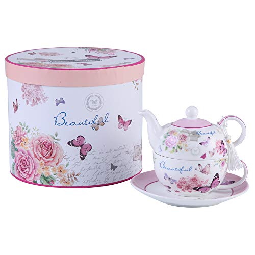London Boutique Herbata dla jednego czajniczek filiżanka suacer zestaw vintage flora róża lawenda porcelanowe pudełko prezentowe (motyl róża)