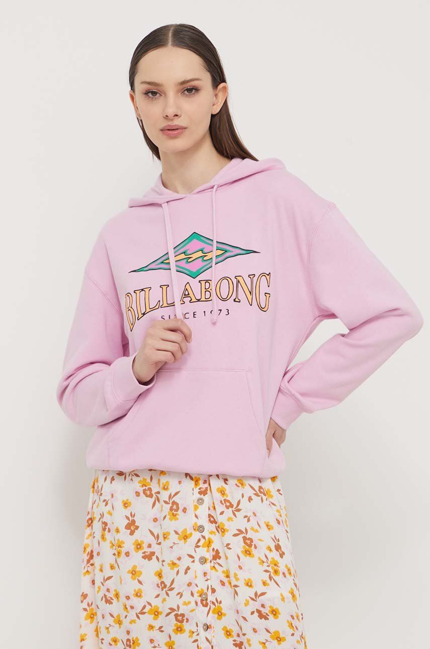 Billabong bluza damska kolor różowy z kapturem z nadrukiem