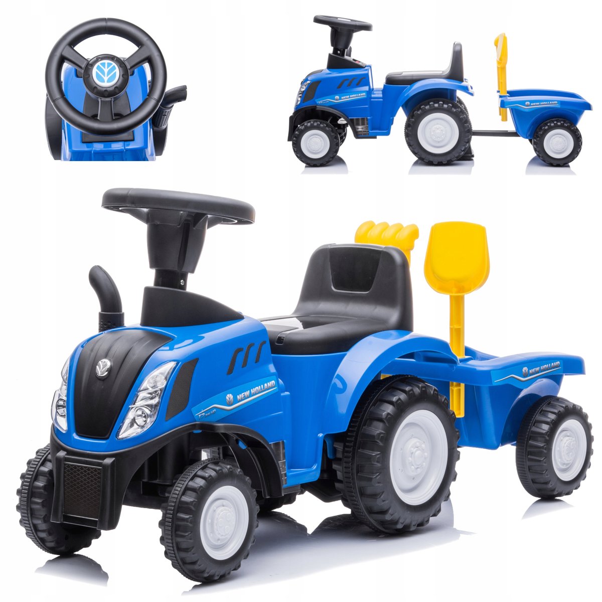 TRAKTOREK JEŹDZIK NEW HOLLAND Z ODPINANĄ PRZYCZEPKĄ KLAKSON MELODIE PREZENT
