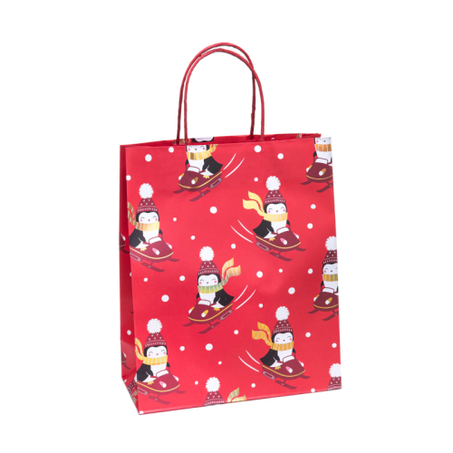 TOREBKA PREZENTOWA PINGWINY NA SANKACH CZERWONA 42x32cm