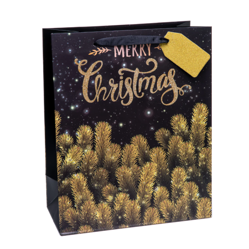 TOREBKA PREZENTOWA ŚWIERKI MERRY CHRISTMAS CZARNA 42x32cm