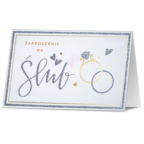 ZAPROSZENIA ŚLUBNE OBRĄCZKI BROKAT BIAŁE 5szt