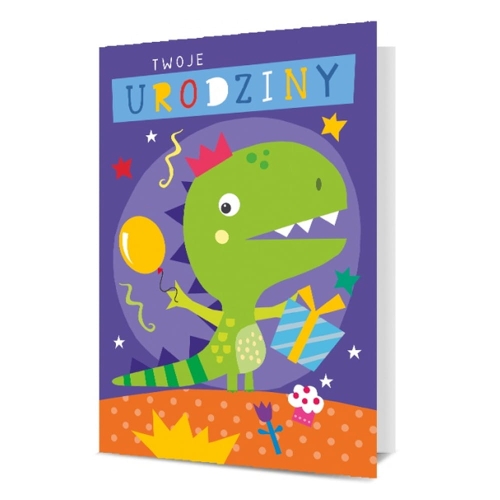 KARTKA URODZINOWA TWOJE URODZINY DINOZAUR FIOLETOWA 17x12cm