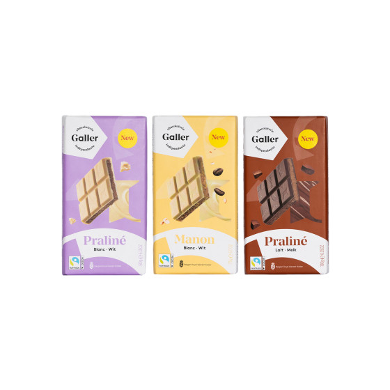Zestaw tabliczek czekolady Galler Blanc Praline x Blanc Manon x Lait Praline, 3 x 180 g