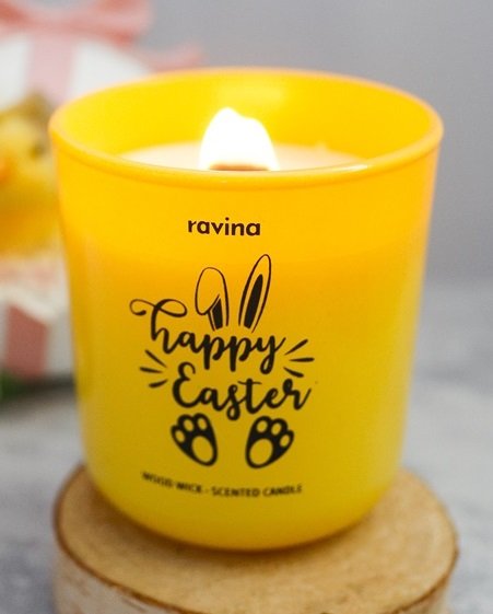 ŚWIECA ZAPACHOWA HAPPY EASTER ŚWIĄTECZNA WIELKANOCNA NA ŚWIĘTA WESOŁYCH ŚWIĄT KRÓLIK WIELKANOCNY ŻÓŁTA ŚWIECA ZAPACHOWA WIELKANOC