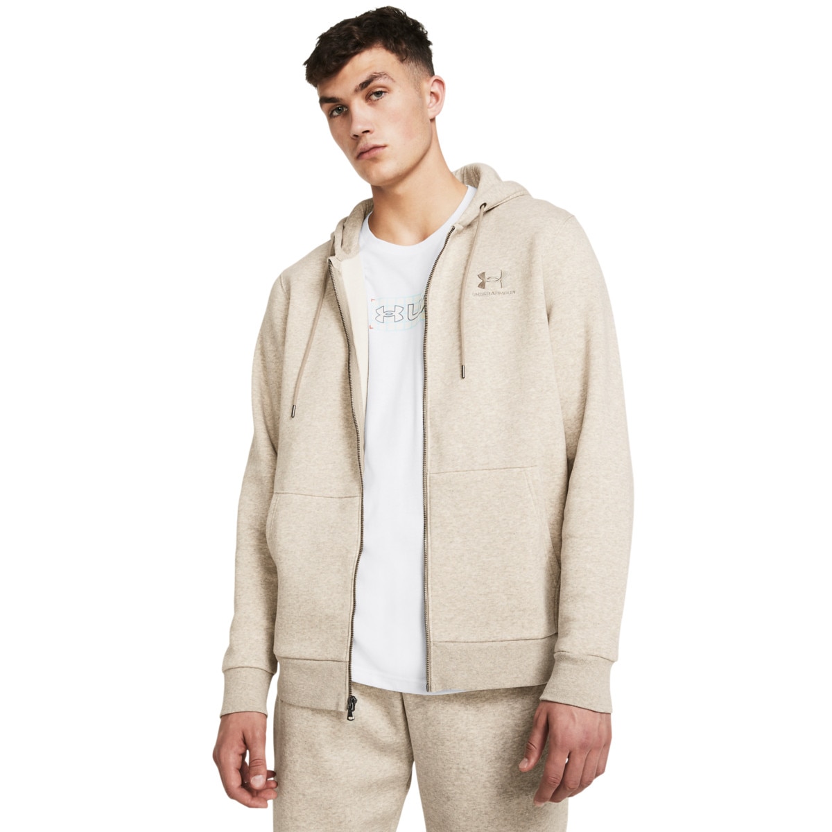 Męska bluza dresowa rozpinana z kapturem Under Armour UA Essential Fleece FZ Hood - beżowa - UNDER ARMOUR