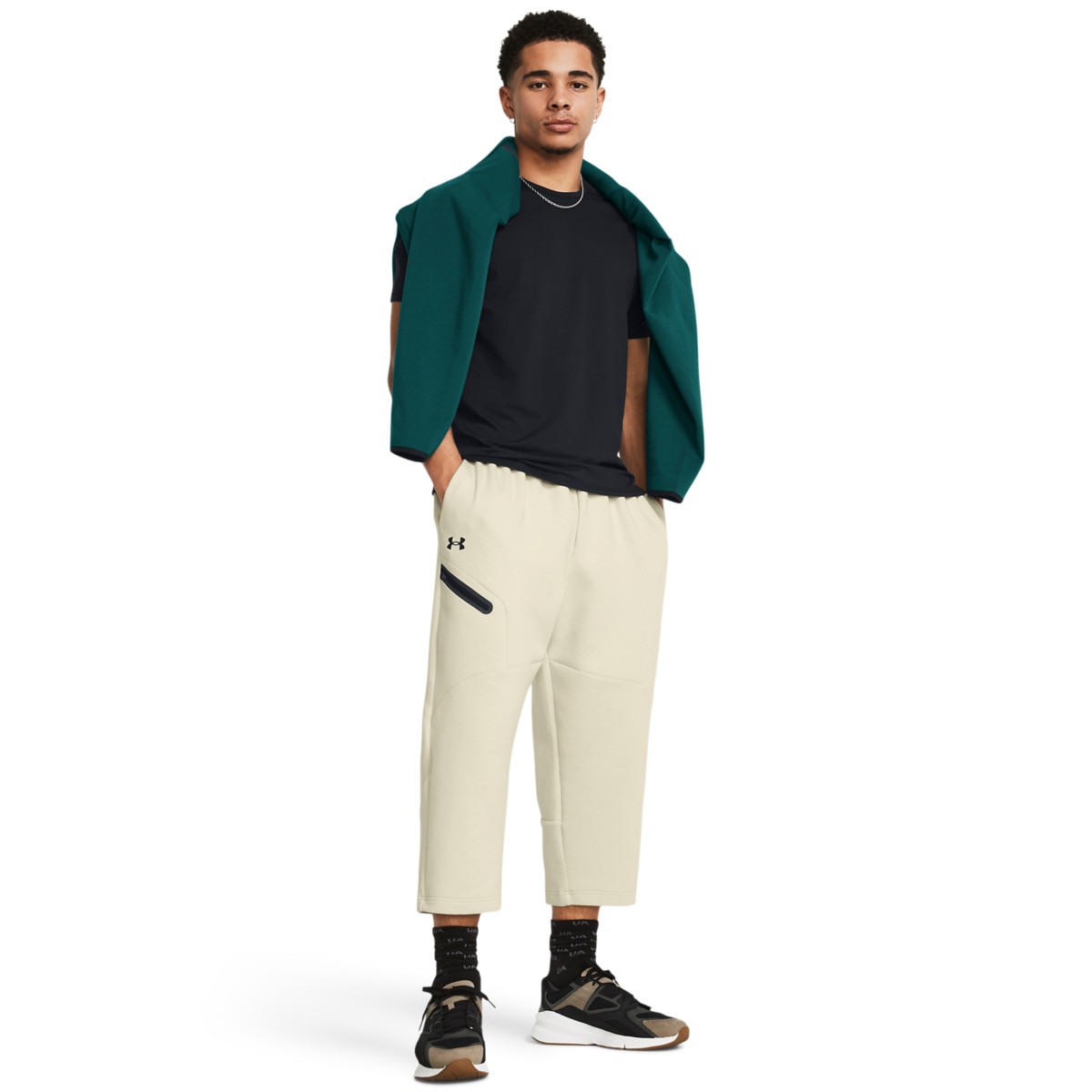 Męskie spodnie treningowe Under Armour Unstoppable Flc Baggy Crop - kremowe - UNDER ARMOUR