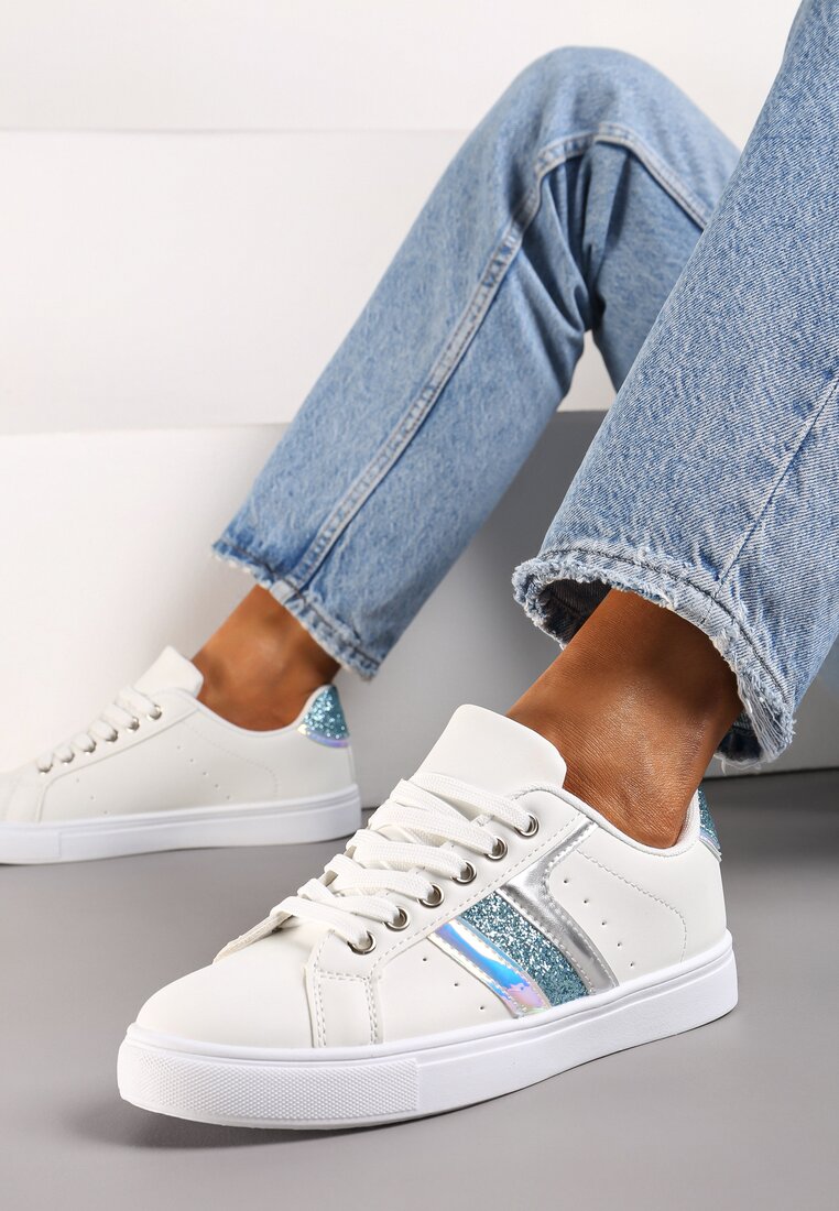 Niebieskie Casualowe Tenisówki z Brokatem i Metalicznym Zdobieniem Tidalis