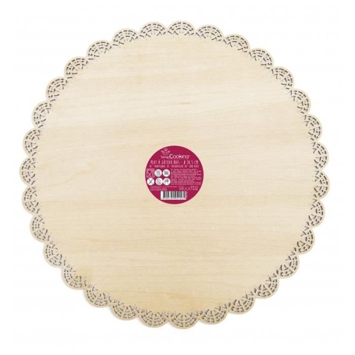 Okrągła drewniana patera na tort koronkowy o średnicy 29 cm
