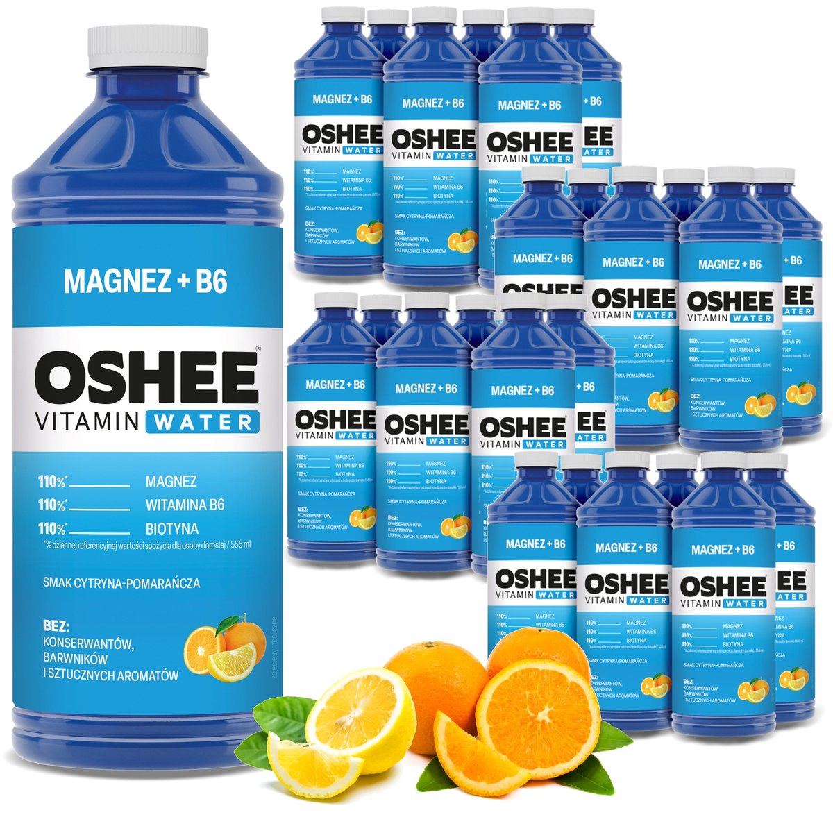 24x OSHEE Vitamin Water magnez + B6 cytryna - pomarańcza 1100 ml