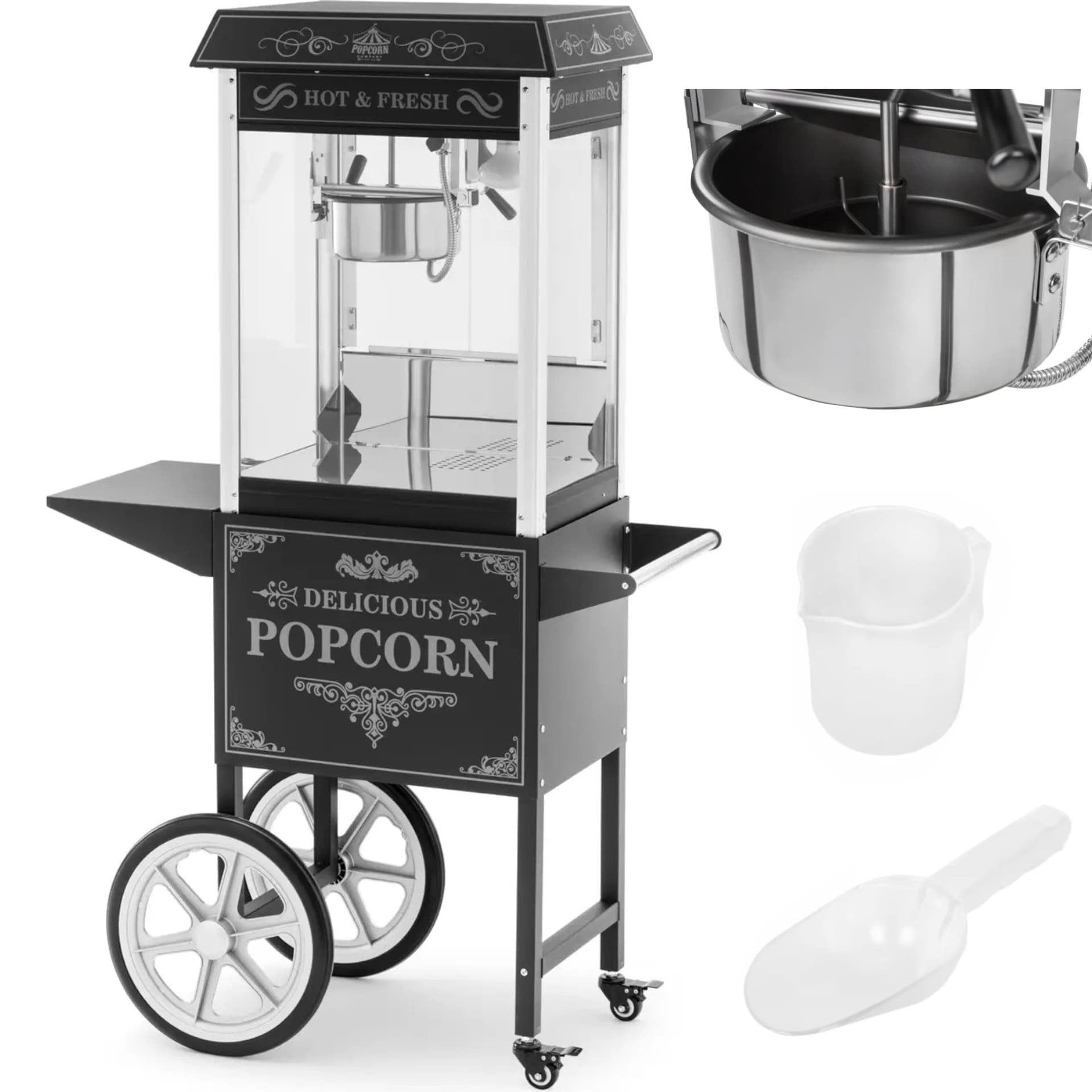 Maszyna do popcornu z wózkiem - design retro - 150/180°C - czarna - Royal Catering RCPW-16E-2F