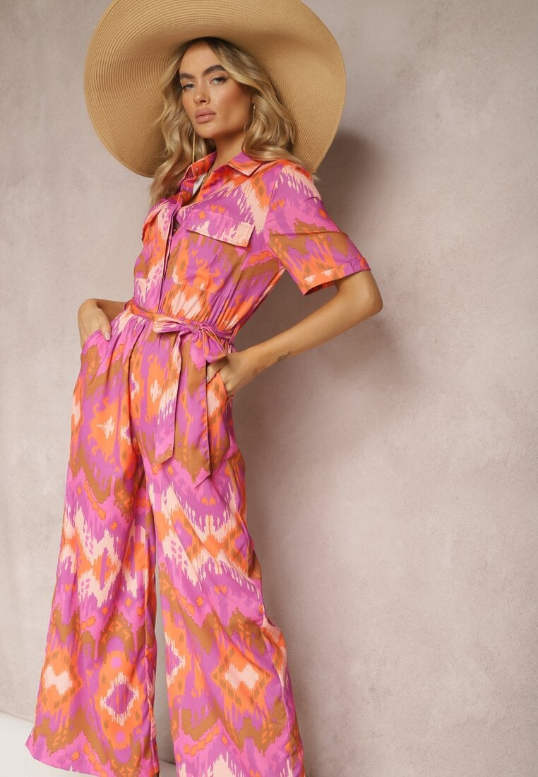 Fioletowo-Pomarańczowy Kombinezon z Koszulową Górą Gumką w Talii i Materiałowym Paskiem Tlarion