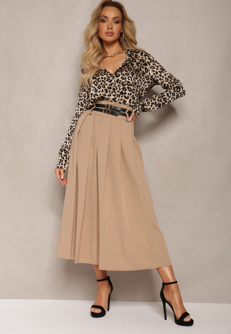 Brązowa Rozkloszowana Spódnica Plisowana z Dwoma Paskami z Klamrami Jaleara