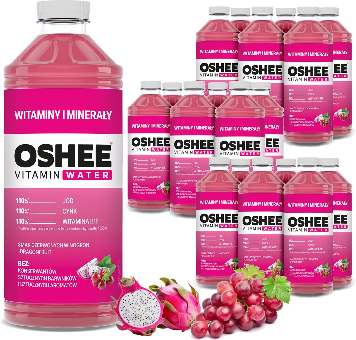 18x OSHEE Vitamin Water witaminy i minerały winogrona - dragonfruit 1100 ml