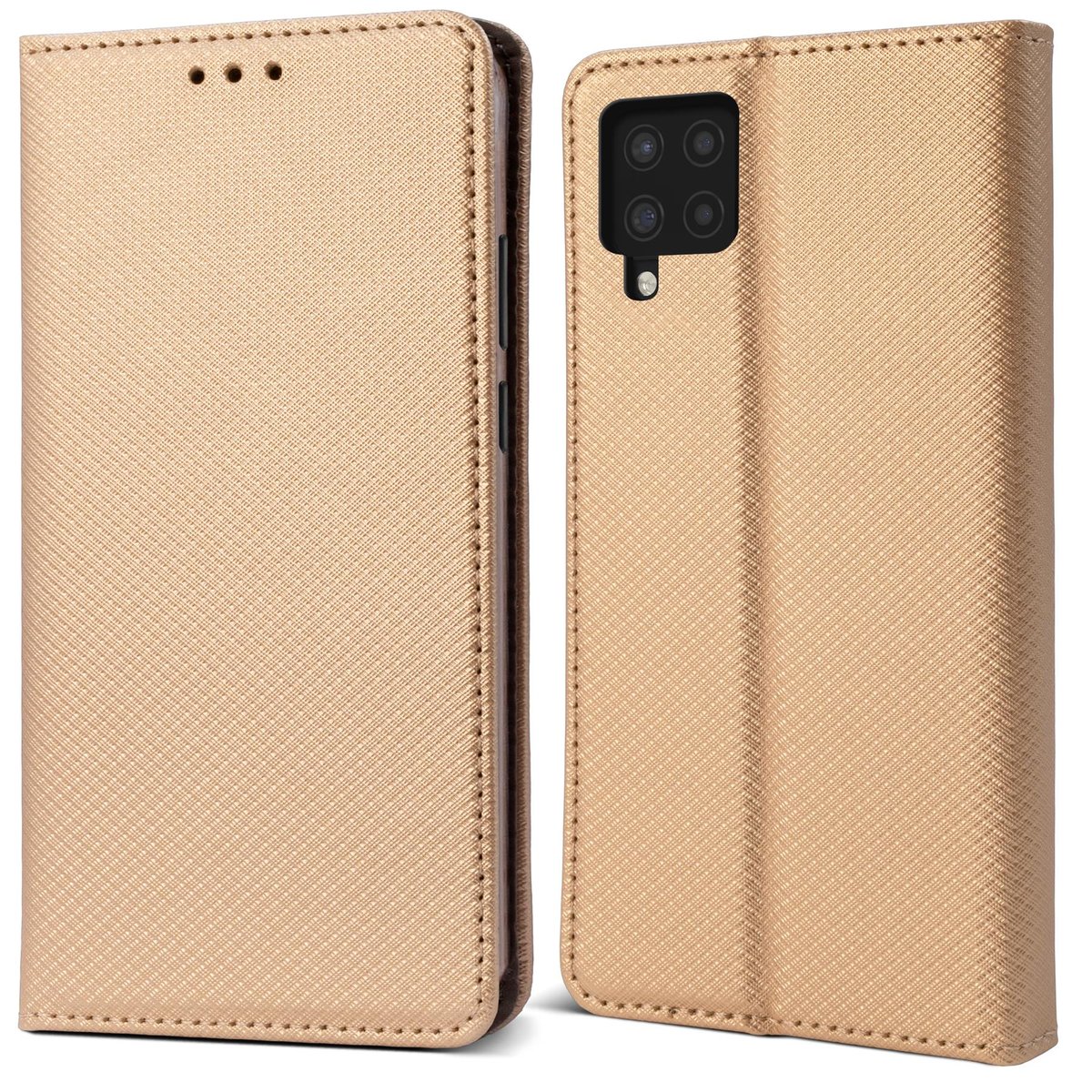 Moozy Etui z klapką do Samsung A12, złote - Inteligentne etui z klapką magnetyczną z uchwytem na kartę i stojakiem