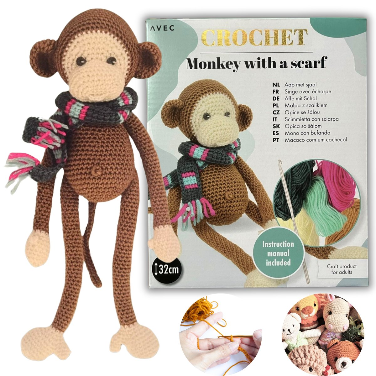 ZESTAW Do Szydełkowania Z WŁÓCZKI Maskotka Amigurum Małpka z Szalikiem