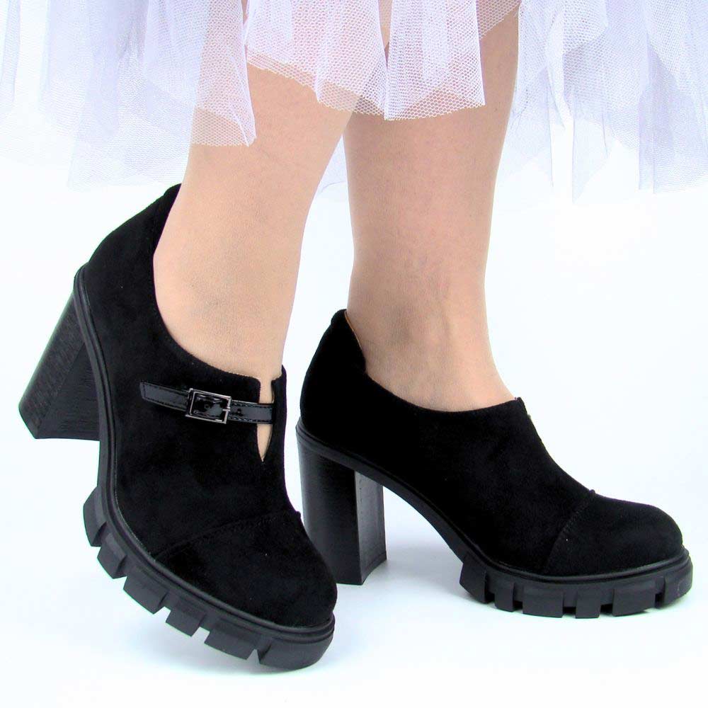 JEZZI ASA218-7 damskie półbuty na słupku wkładka skóra czarne