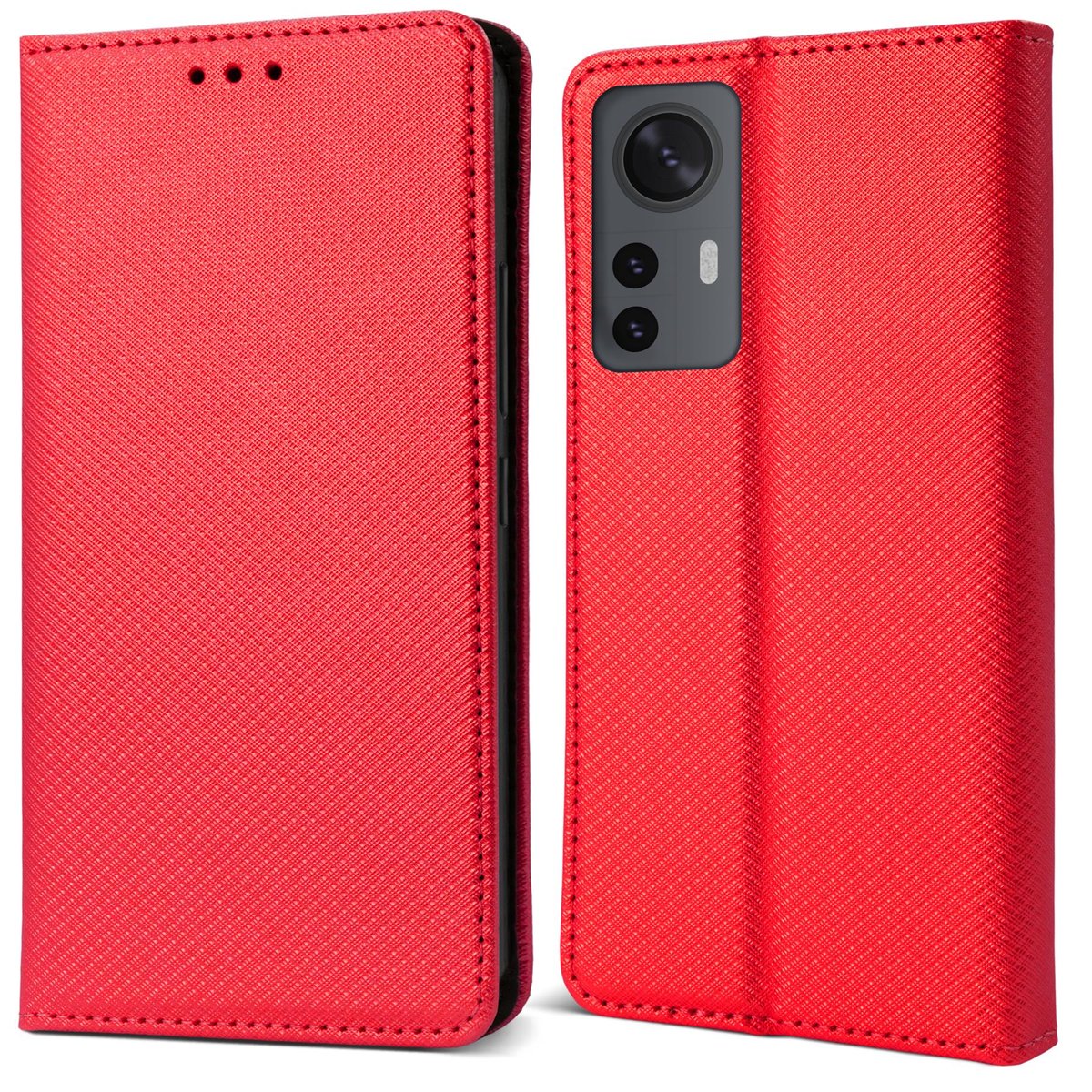 Moozy Etui z klapką do Xiaomi 12 i Xiaomi 12X, czerwone - Inteligentne etui z klapką magnetyczną Flip Folio Etui-portfel z uchwytem na kartę i stoja..