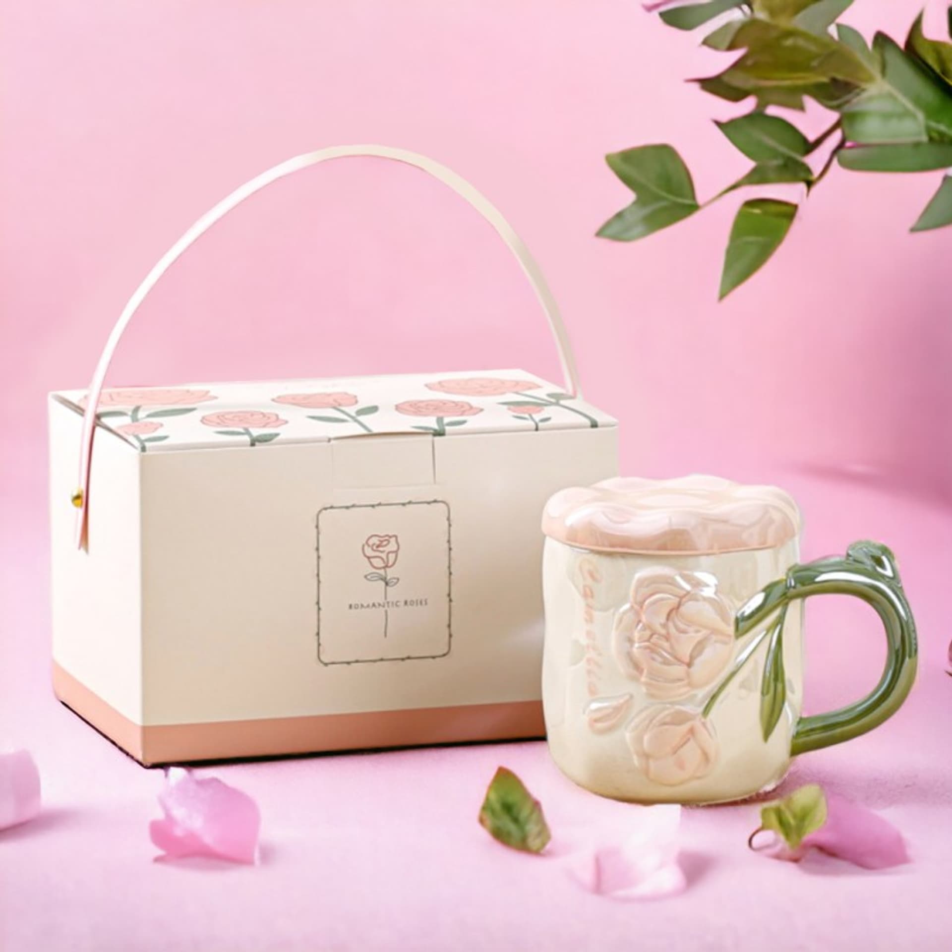 Kubek Z Pokrywką Róża Elegancki Prezent Kawa Herbata Dla Kobiety W Pudełku