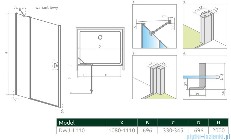 Radaway Nes Dwj II Brushed Gold drzwi wnękowe 110cm lewe szczotkowane złoto 10036110-99-01L