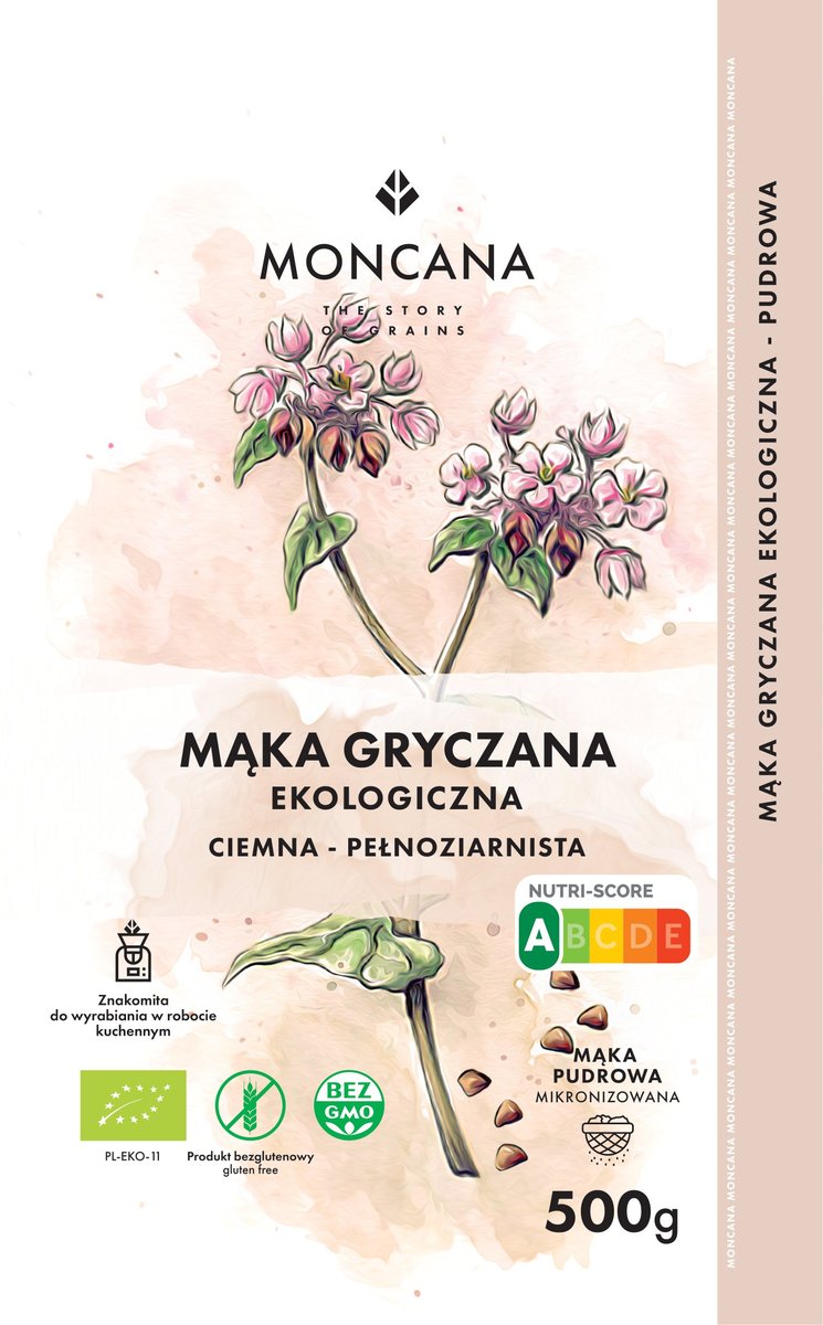 Moncana Ekologiczna bezglutenowa pudrowa mąka gryczana pełnoziarnista 500 g