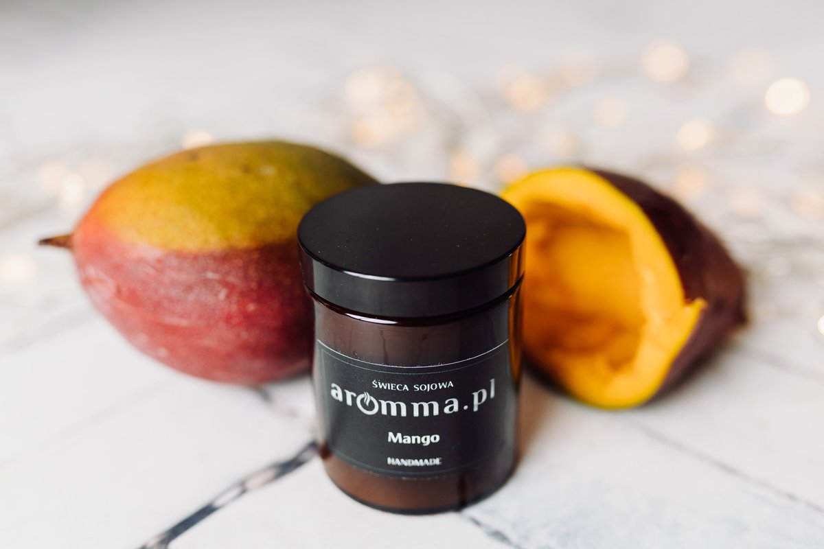 ŚWIECA SOJOWA AROMMA 180 ML MANGO POCZUJ SOCZYSTY OWOC NATURALNY WOSK 100%