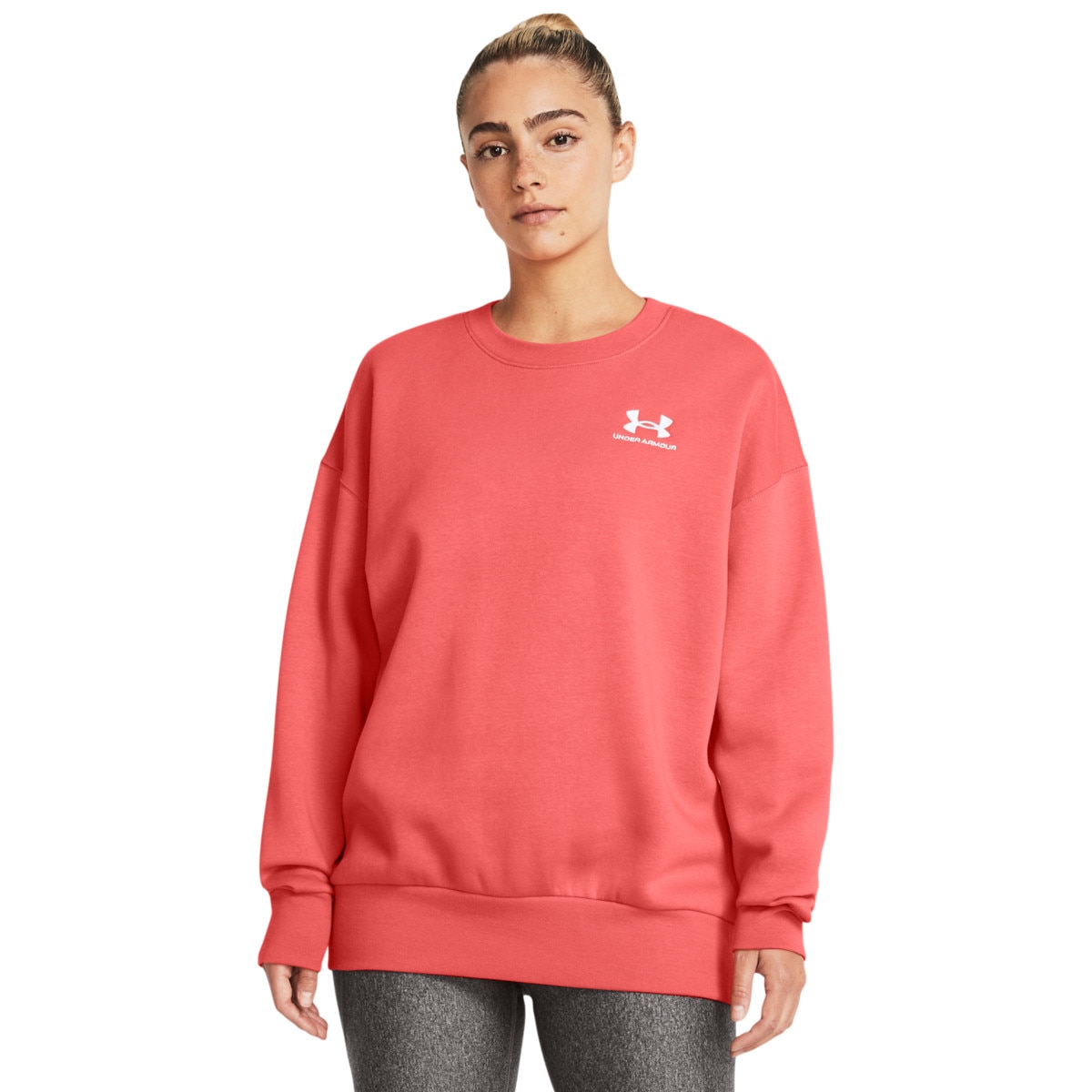 Damska bluza dresowa nierozpinana bez kaptura Under Armour Essential Flc OS Crew - różowa - UNDER ARMOUR