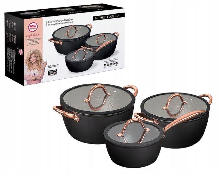 Zestaw garnków MG Home Rose Gold 6 elementów aluminium 16 cm 20 cm 24 cm