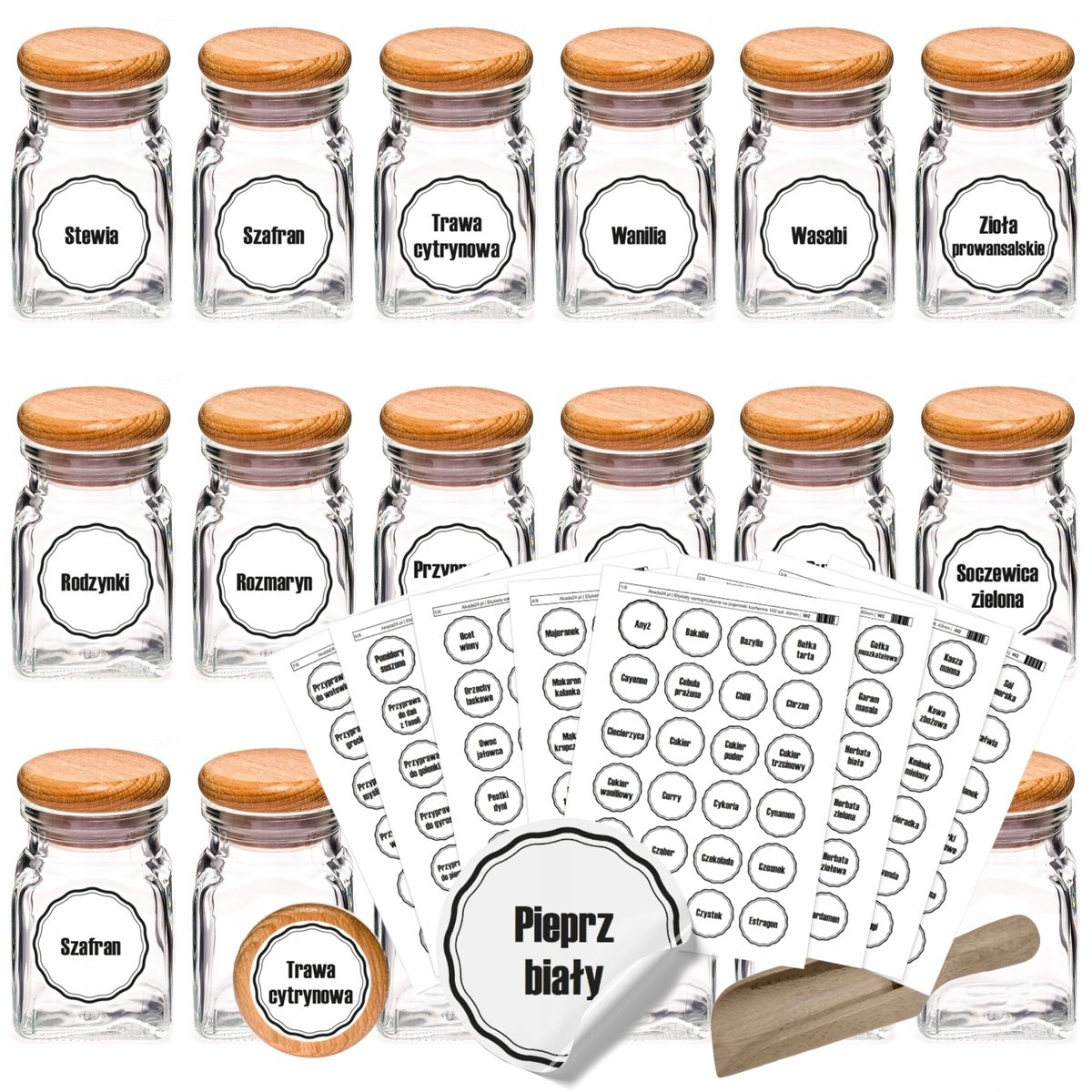 Słoiczki słoiki na przyprawy 150ml 24szt +192 naklejki W2 łopatka z korkiem