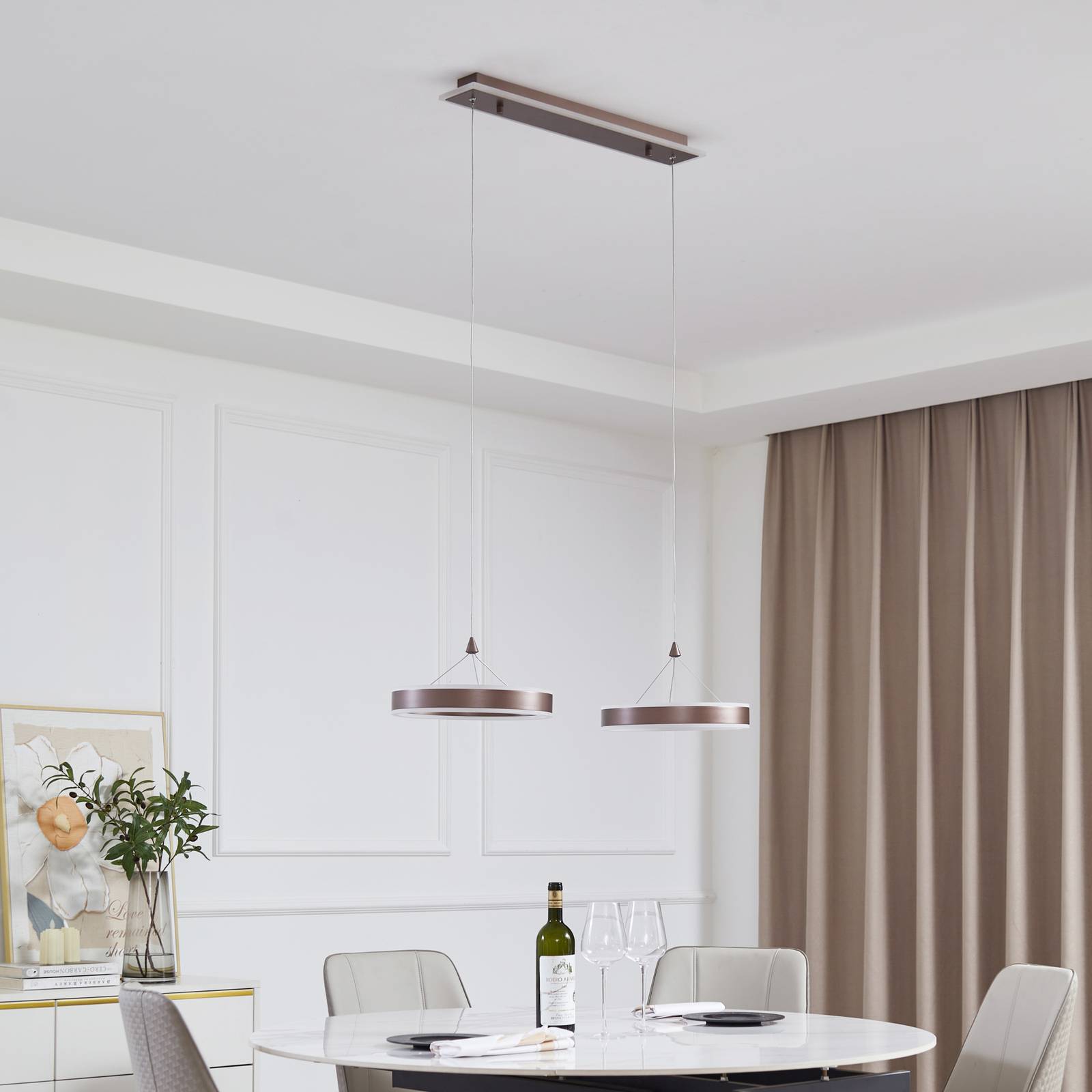 Lucande Lampa wisząca LED Kolo, 2-punktowa, brązowa, żelazo, ściemniana
