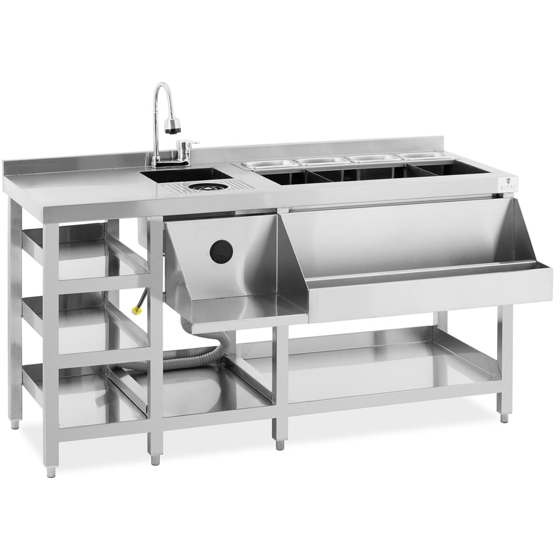 Stacja barmańska - pojemnik na lód, 4 pojemniki GN 1/9, myjka do szklanek i półka na butelki - Royal Catering RCBT-02