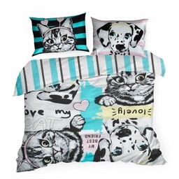 Design 91 Pościel bawełniana 160x200 Kids 15 Pies i Kot turkusowa czarna różowa młodzieżowa