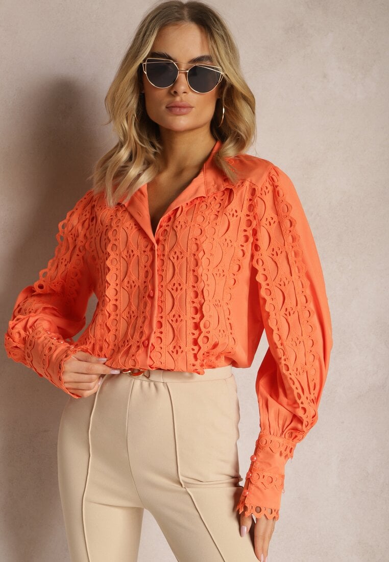 Pomarańczowa Ażurowa Koszula z Elegancką Stójką Manuella