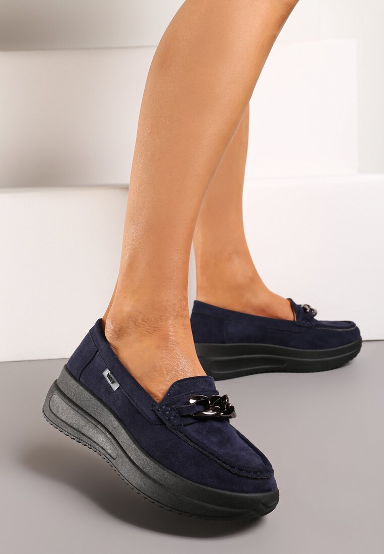 Granatowe Półbuty z Łańcuszkiem na Wysokiej Platformie Iracana